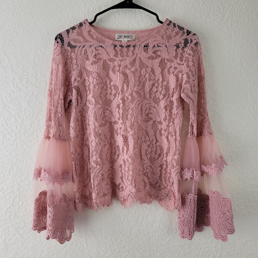 Say What? Blush Pink Lace Crochet Flare Sleeve Top Medium